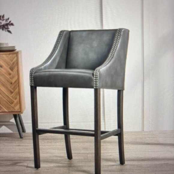 NEW  Suggester Retail.  $433 24" Grey Genuine Leather Wood Stool.  PICK UP ONLY - Picture 2 of 2